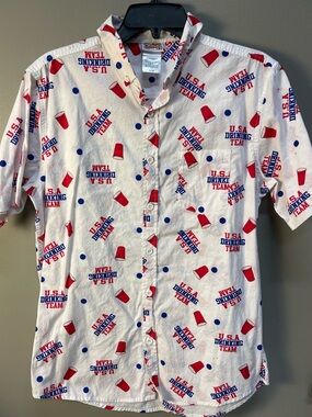 Spencer's White Short-Sleeve Button-Up Shirt with Red & Blue  US Drinking team